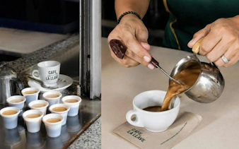 Cuban coffee being poured at a café on Calle Ocho during Little Havana tour, Miami.