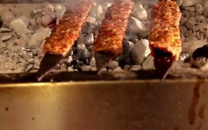 Grilled kebabs on skewers over charcoal, part of Turkish cuisine tour in Eastern Turkey.
