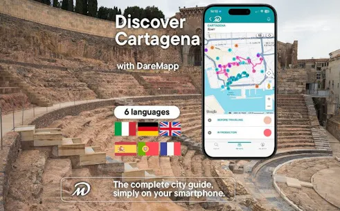 Cartagena Roman Theatre with mobile app map for self-guided walking tour.