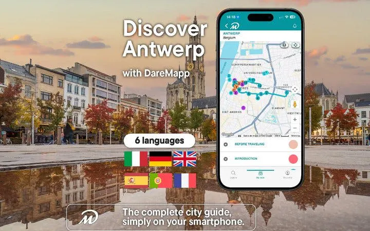 Antwerp city square with mobile app map for self-guided walking tour.