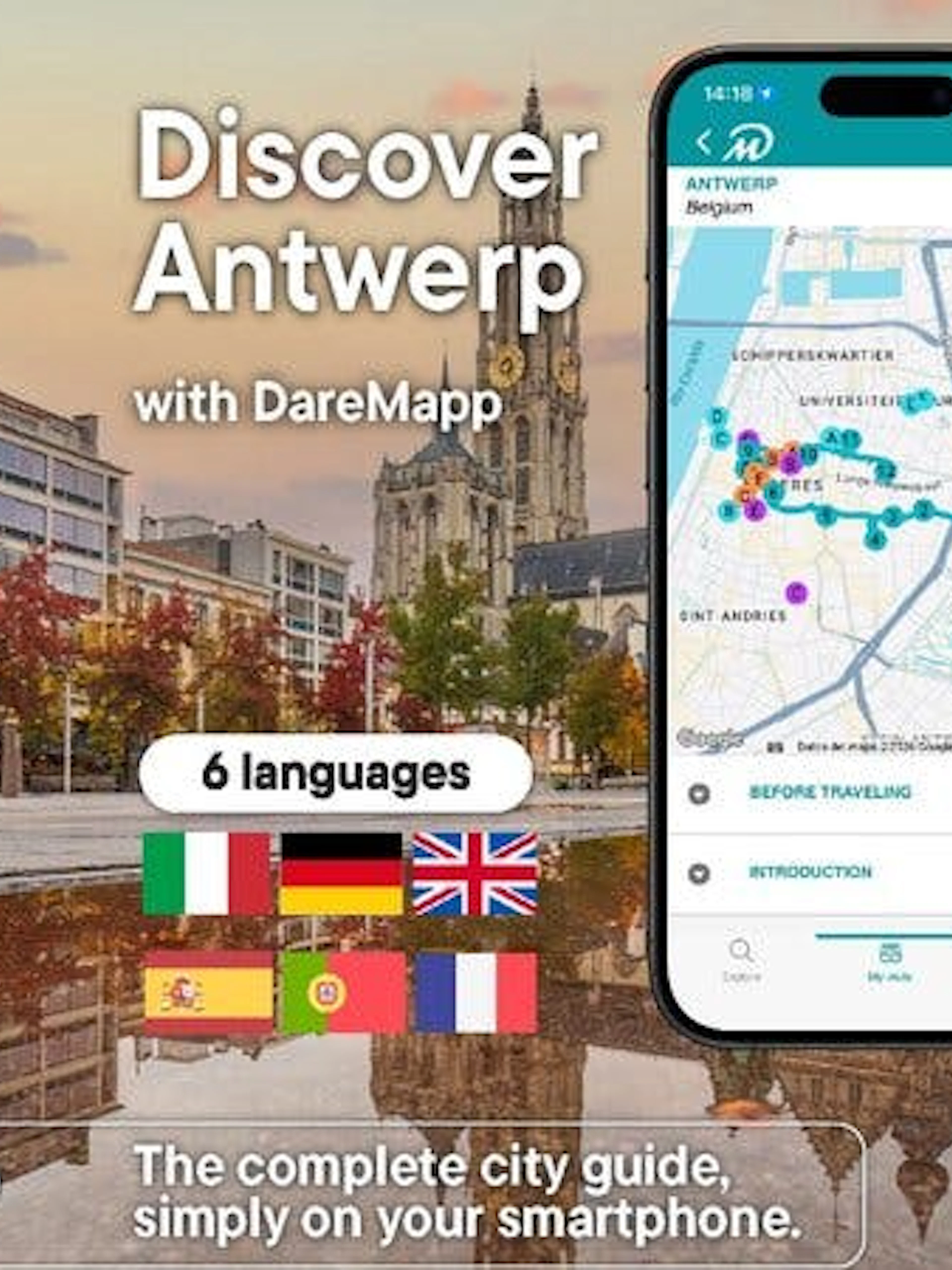 Antwerp city square with mobile app map for self-guided walking tour.