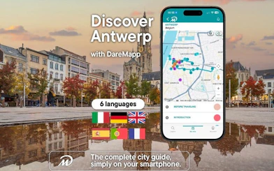 Antwerp city square with mobile app map for self-guided walking tour.