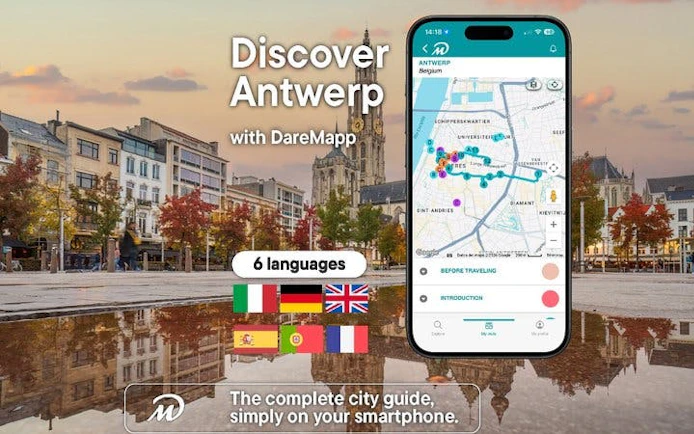 Antwerp city square with mobile app map for self-guided walking tour.