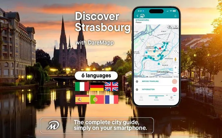 Strasbourg walking tour app interface with cityscape and cathedral at sunset.