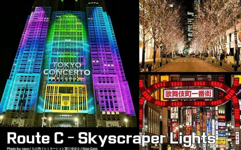 Tokyo skyscraper illuminated with colorful lights, vibrant city street, and neon-lit signs.
