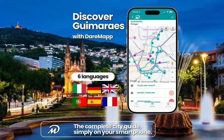 Guimaraes cityscape with mobile app map for self-guided walking tour.
