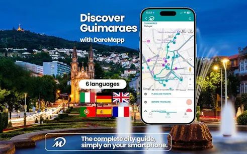 Guimaraes cityscape with mobile app map for self-guided walking tour.
