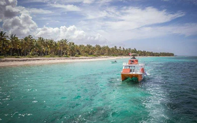 Catamaran cruising near Punta Cana's palm-lined shore in clear turquoise water.