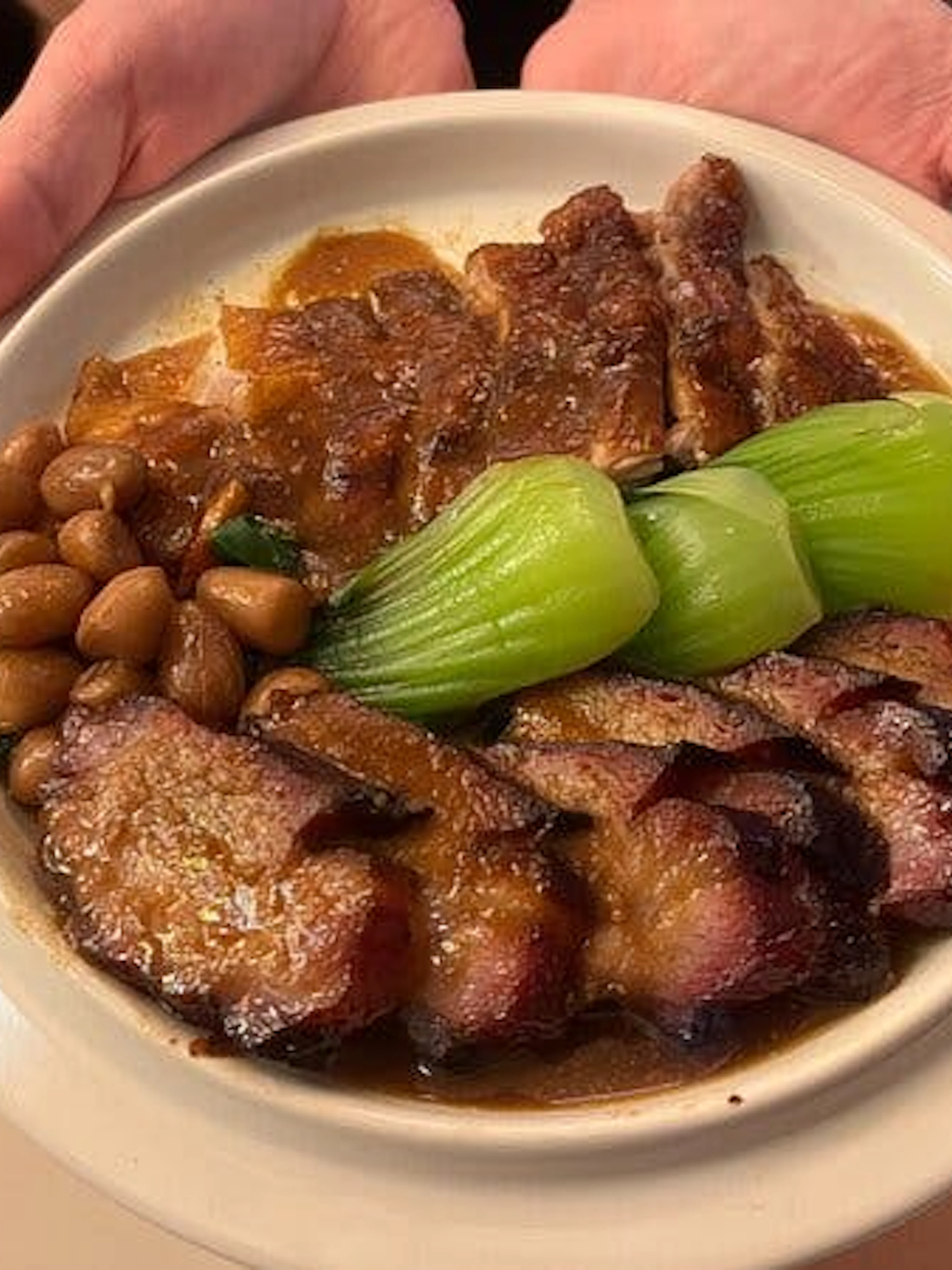 Plate of roasted meats, bok choy, and peanuts on Bangkok Michelin Foodie Tour in Chinatown.