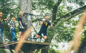 Ziplining at Phoenix Adventure Park, Chiang Mai, with participants on a platform ready to launch.
