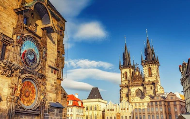 Astronomical Clock and Church of Our Lady before Týn in Prague's Old Town Square.