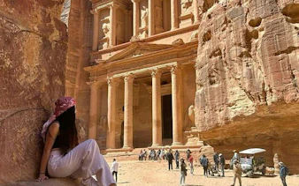 Petra's Al-Khazneh with tourists exploring, Sharm El Sheikh tour.