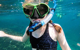 Snorkeler exploring underwater in Fujairah during Abu Dhabi day trip.
