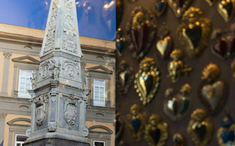 Obelisk of San Domenico and sacred heart ex-votos in Naples Historic Center.