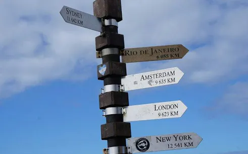 Signpost with distances to global cities, Cape Peninsula tour, Cape Town.