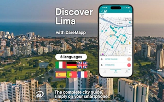 Lima cityscape with mobile app map for self-guided walking tour in six languages.