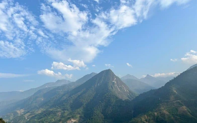 Sapa mountains under blue sky, view from Cat Cat Village, Vietnam.