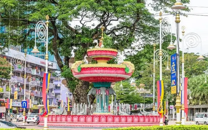 Fountain with elephant sculptures in Little India, Kuala Lumpur, on Batu Caves tour.