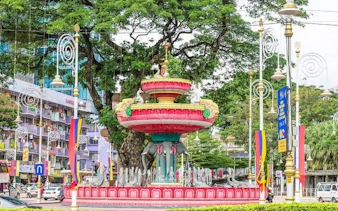 Fountain with elephant sculptures in Little India, Kuala Lumpur, on Batu Caves tour.