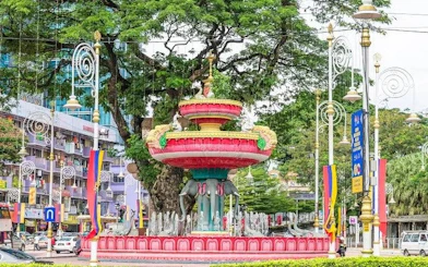 Fountain with elephant sculptures in Little India, Kuala Lumpur, on Batu Caves tour.