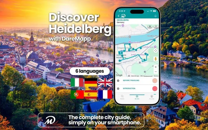 Heidelberg cityscape with mobile app map for self-guided walking tour.