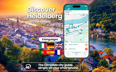Heidelberg cityscape with mobile app map for self-guided walking tour.