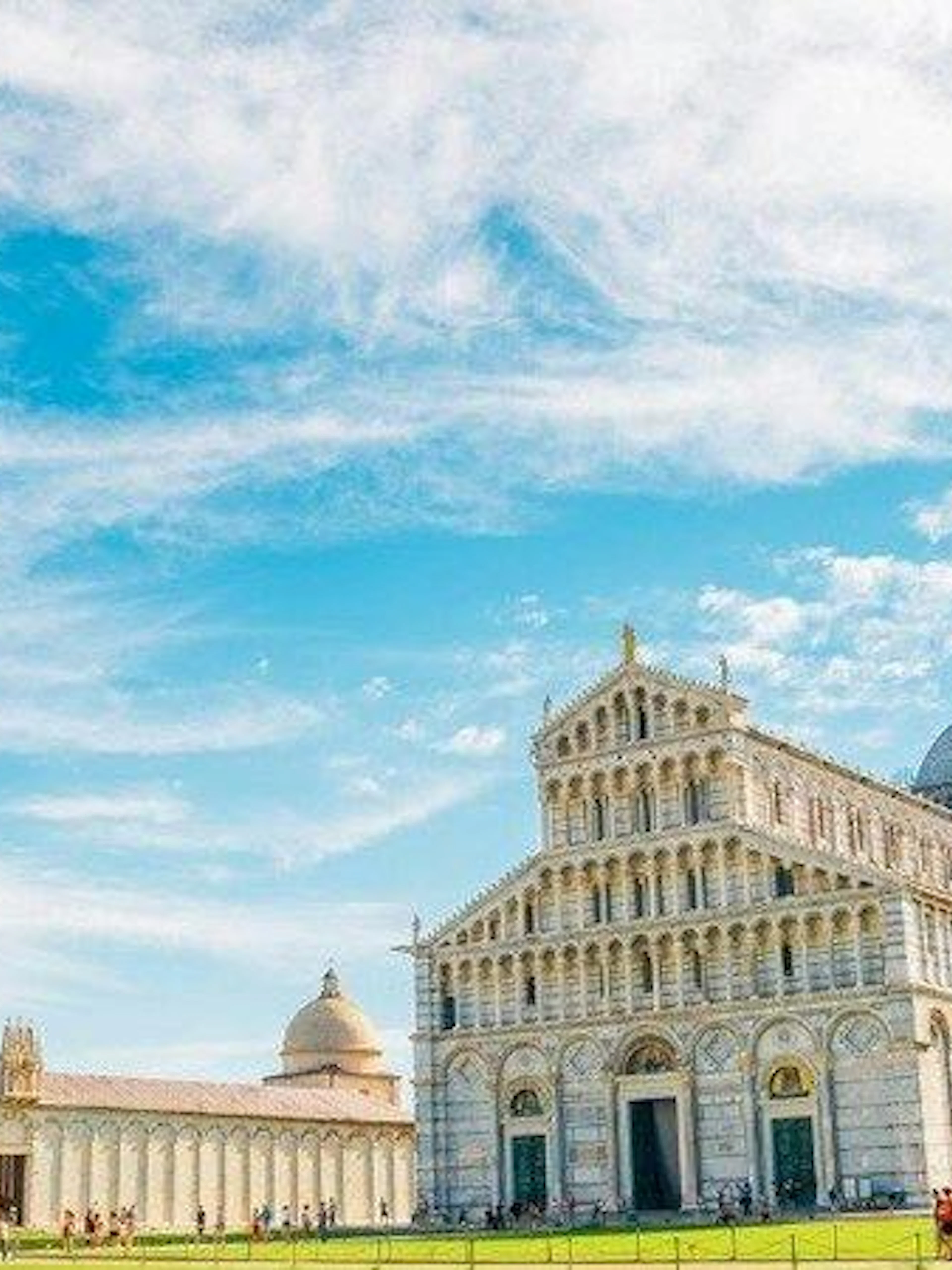Leaning Tower and Pisa Cathedral on a sunny day, Pisa Self-Guided Audio Walking Tour.
