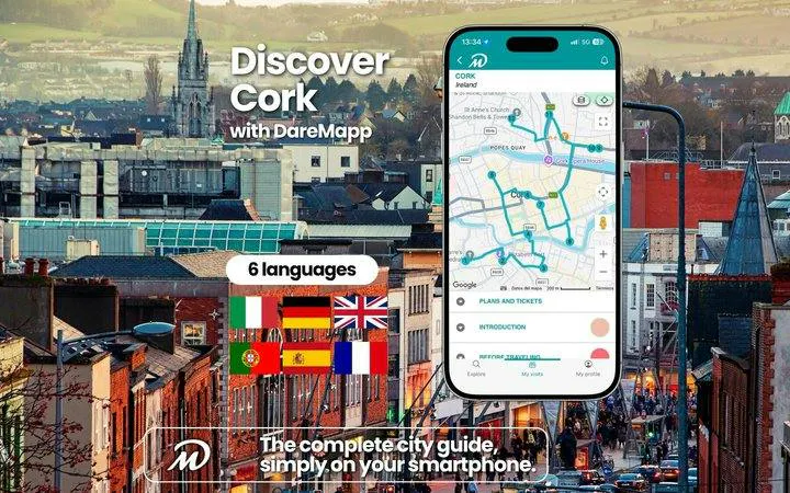 Smartphone displaying Cork city guide app with map, set against a cityscape background.