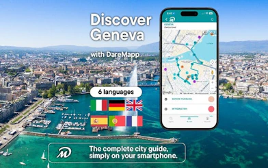 Geneva cityscape with mobile app map for self-guided walking tour.