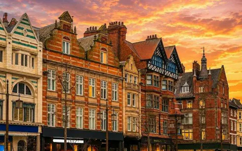 Nottingham historic buildings at sunset on self-guided audio walking tour via mobile app.