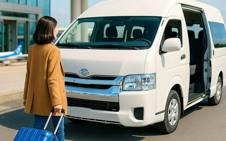 Traveler with suitcase approaching a white van for Osaka private charter transfer.
