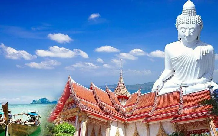 Phuket Big Buddha and Wat Chalong temple with traditional boat on turquoise water.