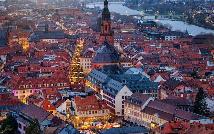 Heidelberg cityscape with church and river, view from above for self-guided walking tour app.