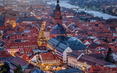 Heidelberg cityscape with church and river, view from above for self-guided walking tour app.