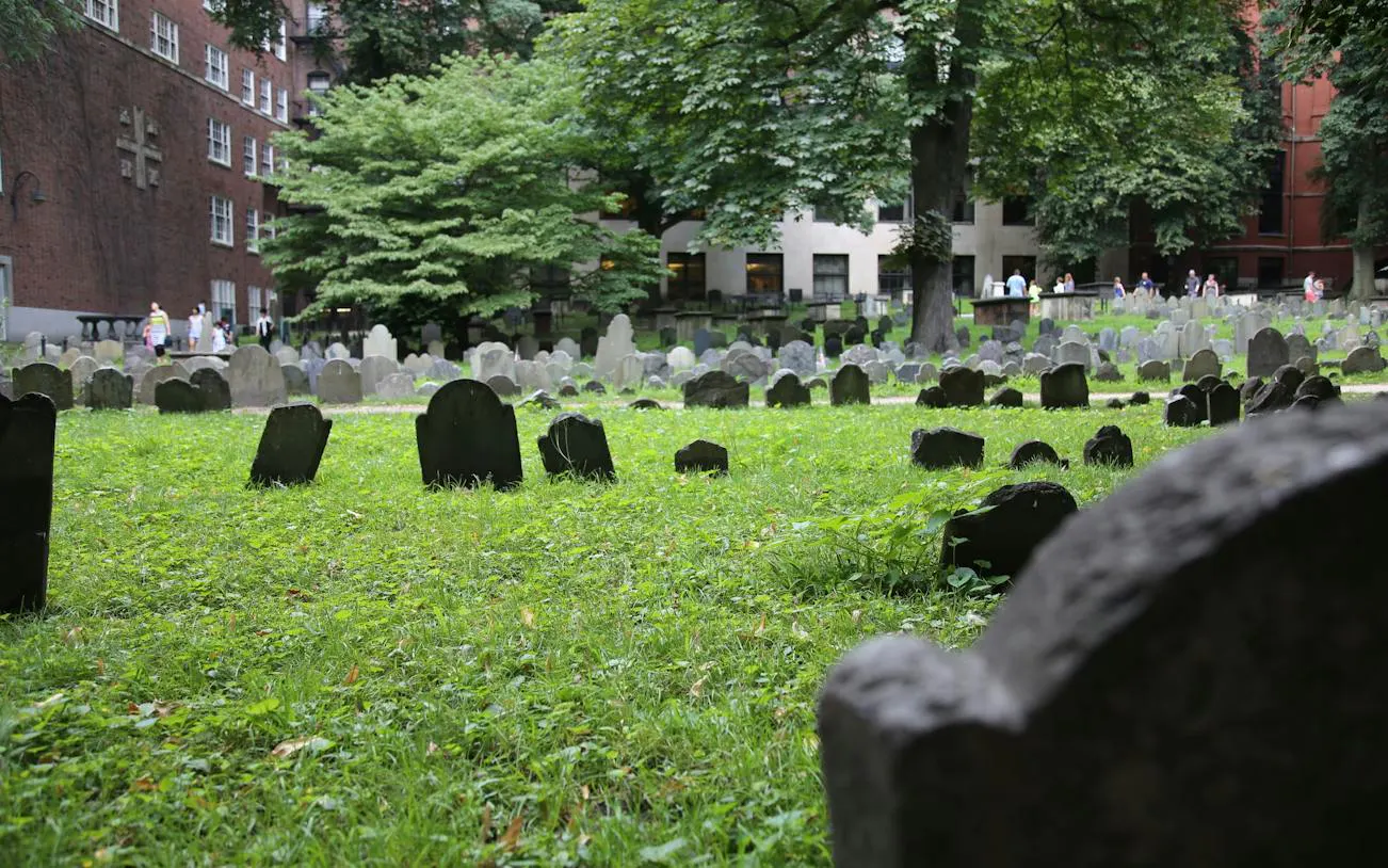 Historic gravestones at Granary Burying Ground on the Boston Freedom Trail.