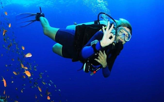 Diver exploring coral reef during Tiran Island snorkeling trip, Sharm El Sheikh.
