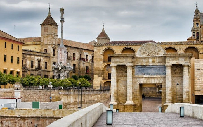 Roman Bridge and Puerta del Puente in Cordoba, Spain, part of self-guided museum tour.