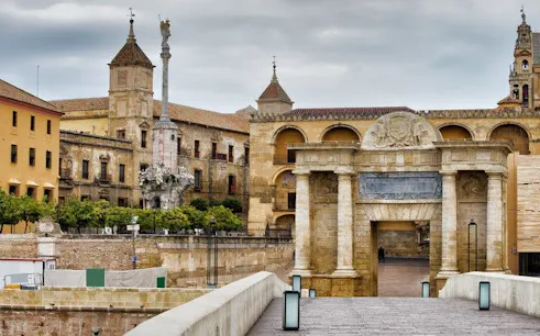 Roman Bridge and Puerta del Puente in Cordoba, Spain, part of self-guided museum tour.