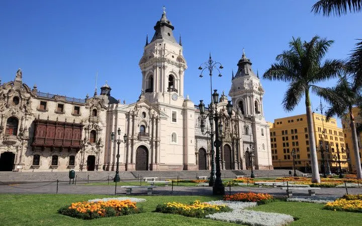 Lima Cathedral and Plaza Mayor on a sunny day during a self-guided walking tour.