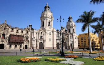 Lima Cathedral and Plaza Mayor on a sunny day during a self-guided walking tour.