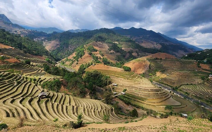 Terraced rice fields in Mu Cang Chai, Vietnam, with mountains in the background.
