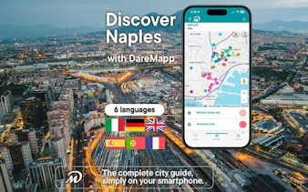 Naples cityscape with mobile app map for self-guided walking tour in six languages.