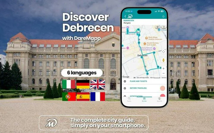Debrecen city guide app displayed on smartphone in front of historic building.