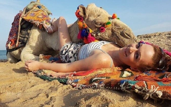 Camel resting on beach with colorful decorations, Sharm El Sheikh camel ride experience.