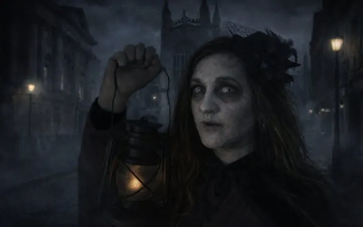 Ghostly figure holding lantern on Bath street during storytelling tour.
