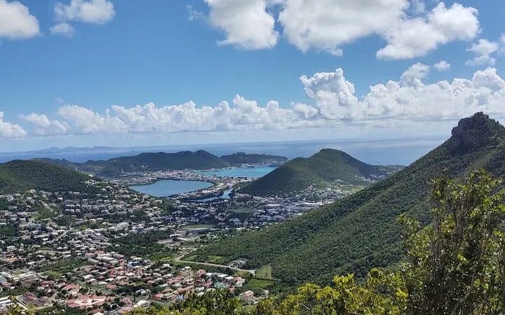 St. Maarten view from highest point hike with ocean and town below.