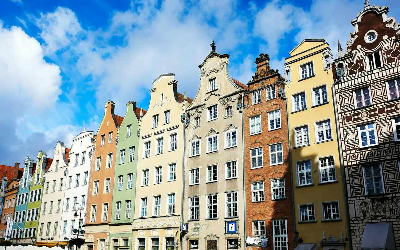 Colorful historic buildings in Gdansk Old Town on a self-guided audio walking tour.