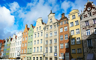 Colorful historic buildings in Gdansk Old Town on a self-guided audio walking tour.