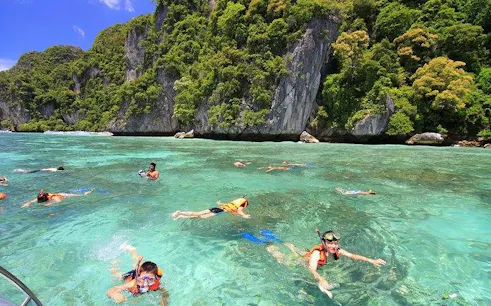 Snorkelers in clear waters near lush cliffs on Phi Phi Islands day trip from Phuket.
