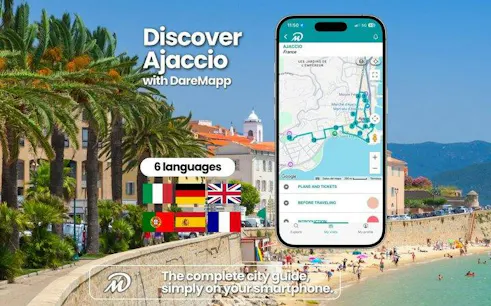Ajaccio coastline with palm trees and smartphone displaying self-guided audio tour map.